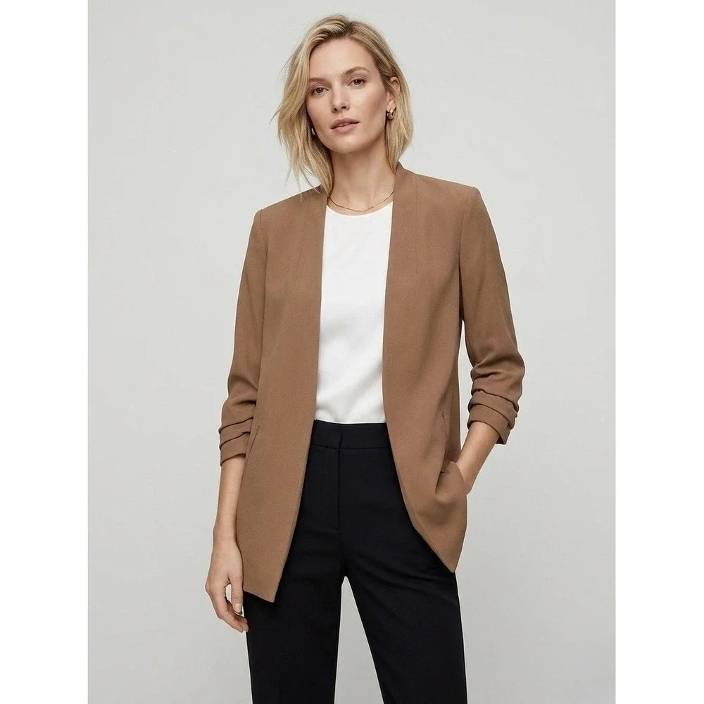 Babaton Aritzia Samuel Blazer Brown Ruched 3/4 Sleeve Open Front Size 00 61114
